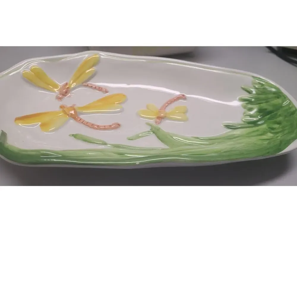 Vintage Carraro Italy Celery Trinket Serving Dish Dragonfly Yellow Green Kitchen